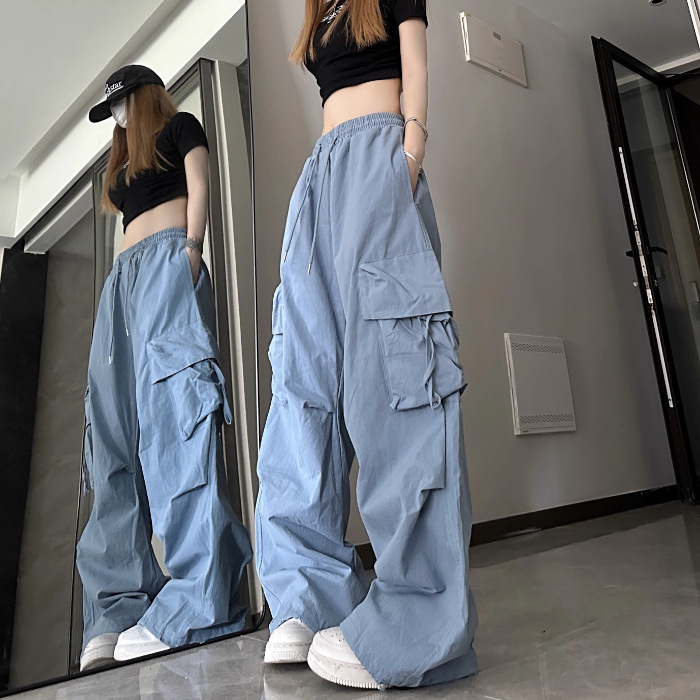 Picture of American retro quick-drying overalls women's three-dimensional pocket high waist straight wide leg ribbon loose casual mopping trousers