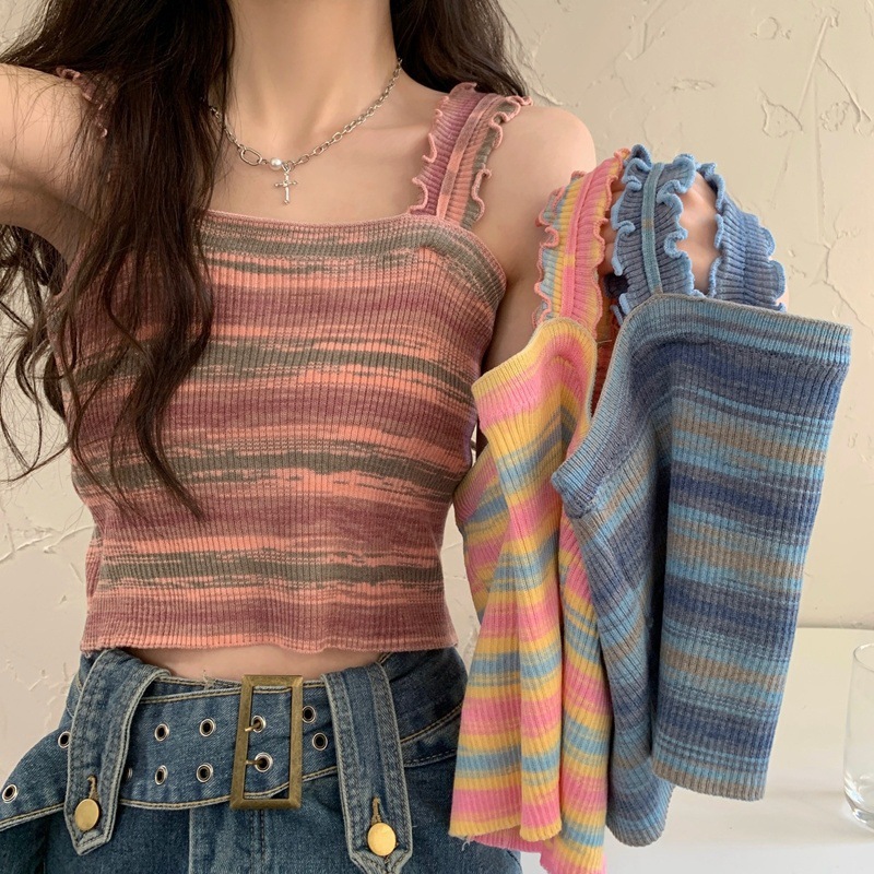 Rainbow Striped Wide Shoulder Strap Ice Silk Knitted Camisole Women's 2023 Summer Design Wood-Ear Sleeveless Top