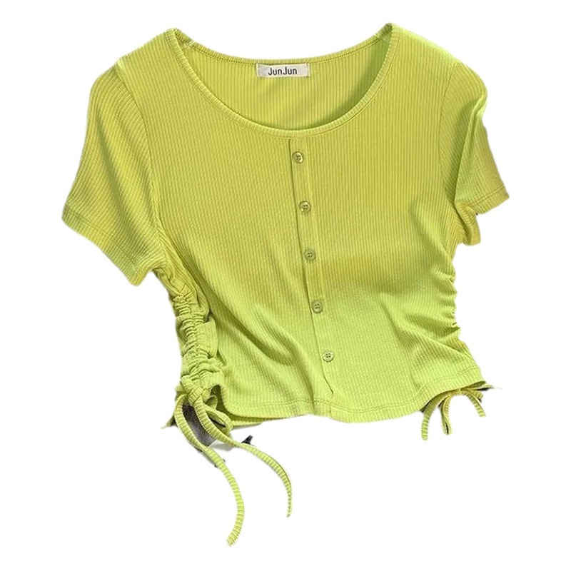 Threaded Side Drawstring Short-sleeved T-shirt Women's Summer New Stretch Slim-fit Slim-fit Base Short Hot Girl Trendy Top