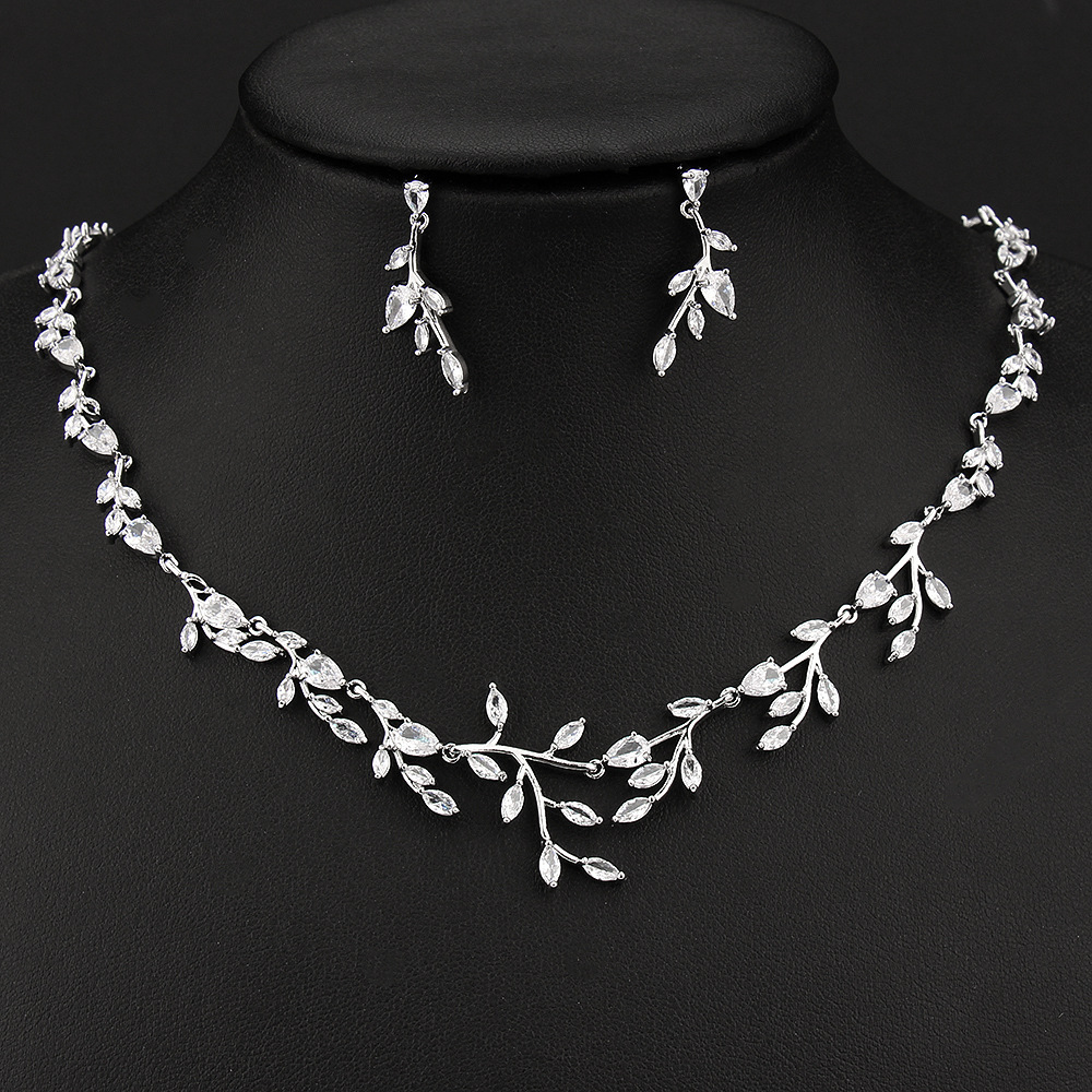 Beautiful Simple Branch Zircon Bridal Earrings Necklace Two-Piece Set Light Luxury Bridesmaid Wedding Banquet Accessories