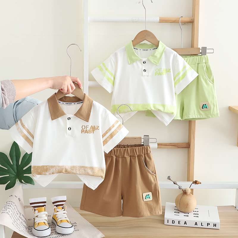 Summer children's lapel POLO shirt children's clothing new T-shirt suit boys college style casual short sleeve shorts two-piece set