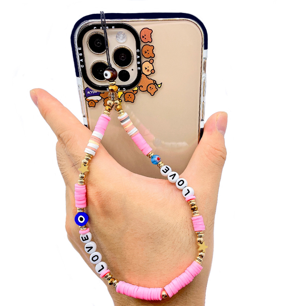 Picture of European and American Style Phone Chain Couple Letter Love Soft Clay Phone Strap Beaded Phone Lanyard Pendant for Women