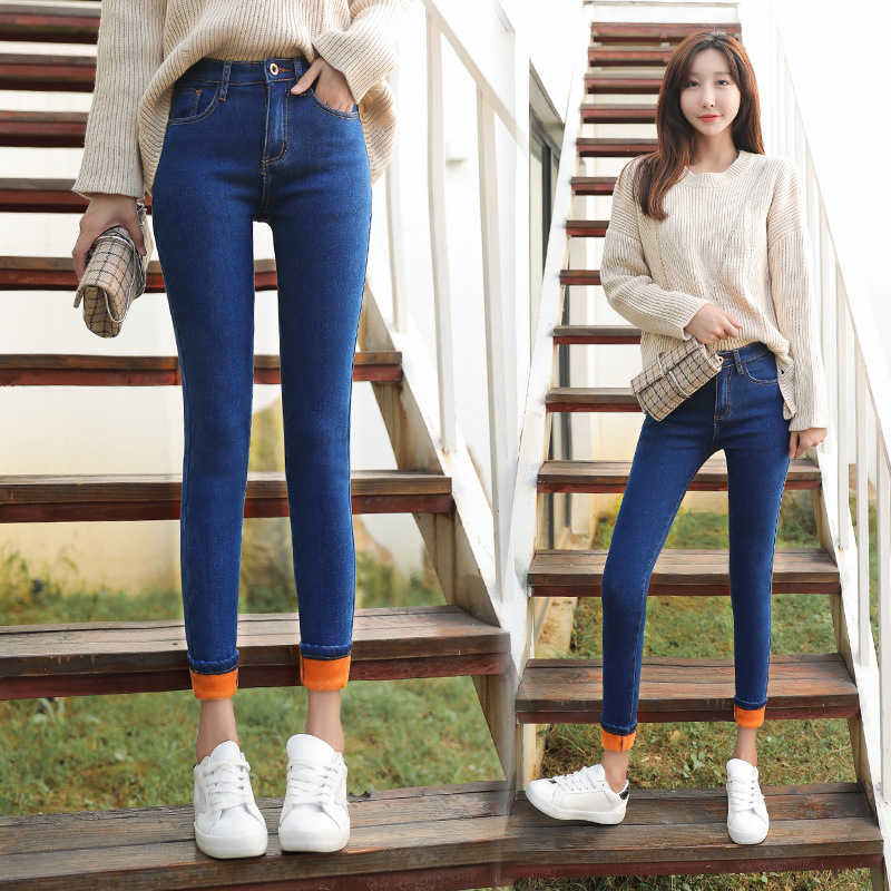 Picture of Dark Blue High Waist Jeans Women's 2023 Spring New Slim-fit Tight All-match Fleece-lined Stretch Pants for Winter