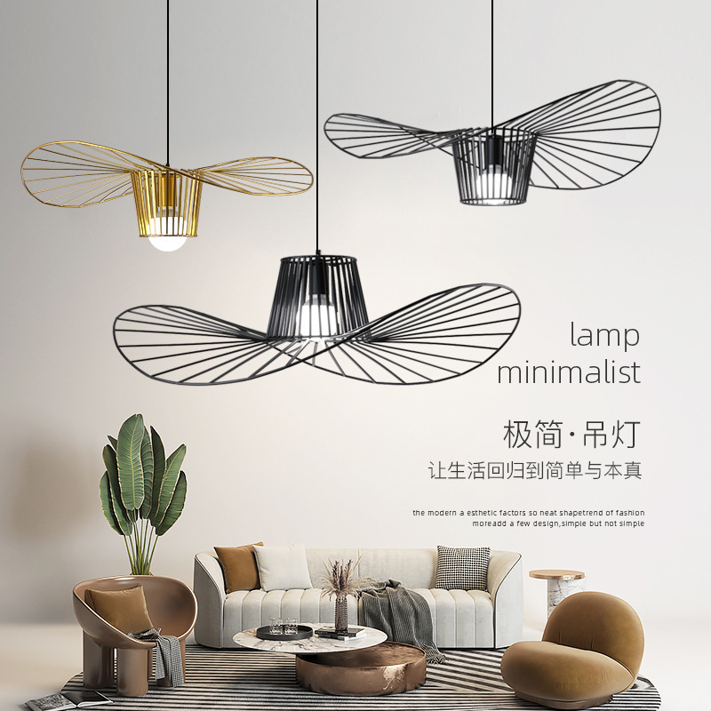 Straw hat chandelier Nordic simple creative dining room living room bedroom designer light luxury industrial style iron hat chandelier