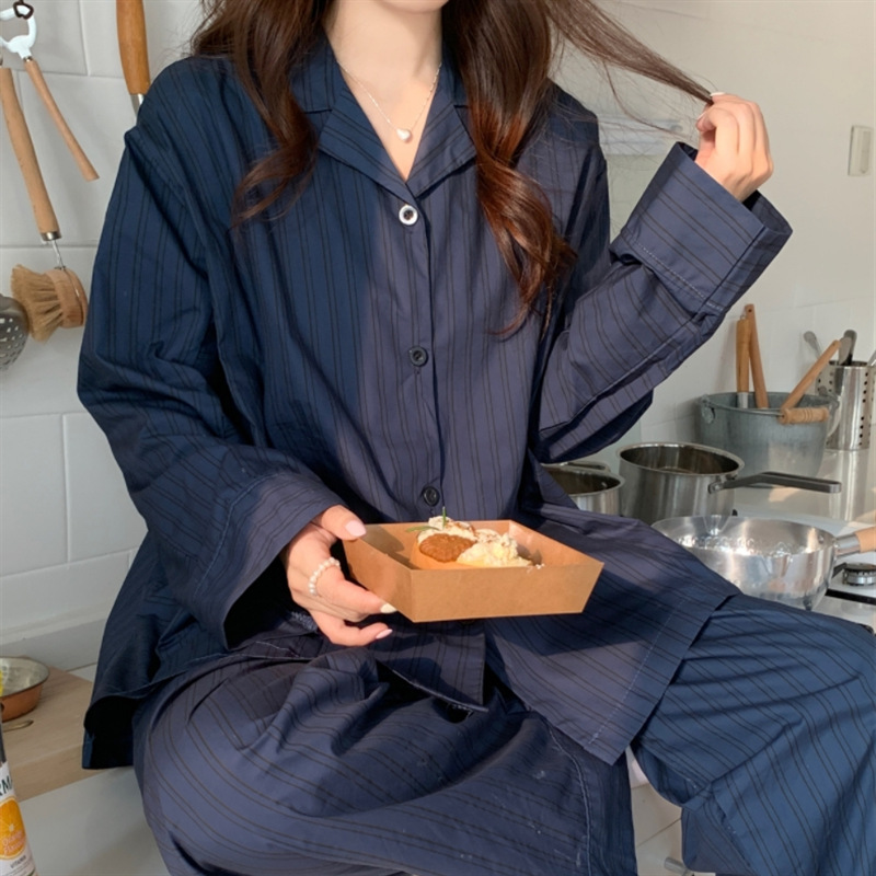 South Korea ins women's Korean-style long-sleeved autumn Internet celebrity loose lazy striped pajamas suit home wear fashionable outdoor wear