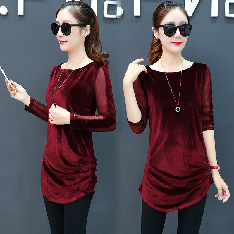 Gold Velvet bottoming shirt women's long-sleeved mid-length autumn plus size versatile irregular fashion top