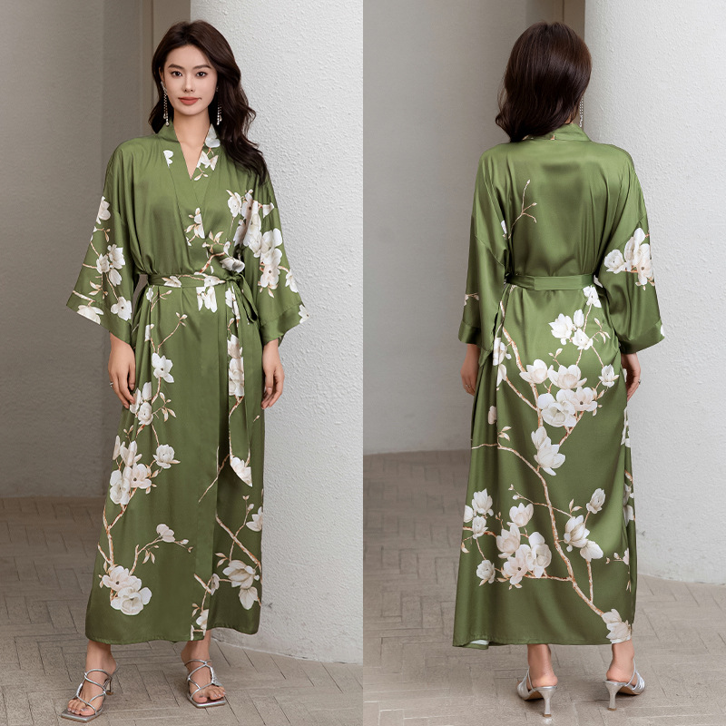 Picture of Yaoting Satin Printed Pajamas for Women Summer Large Size Accessible Luxury Three-Quarter Sleeves Cool Long Nightgown Home Wear Women Wp2669