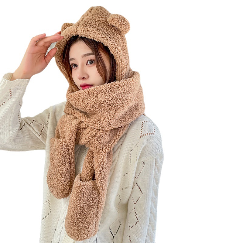 Picture of Winter Warm and Thickeneded Cotton Plush Rabbit Ears Animal Hat Gloves Scarf Bear Three-Piece Hat Factory Ear Protection