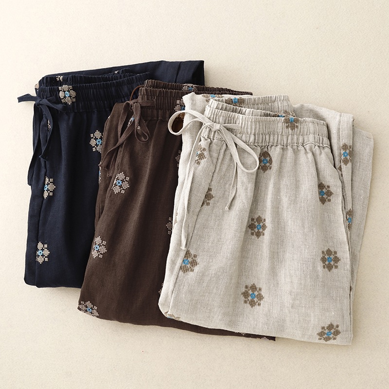 2025 New Summer Casual Pants for Women, Elastic Waist, Loose Slimming Look Waist Rope, Retro Printed Straight Pants, Pants