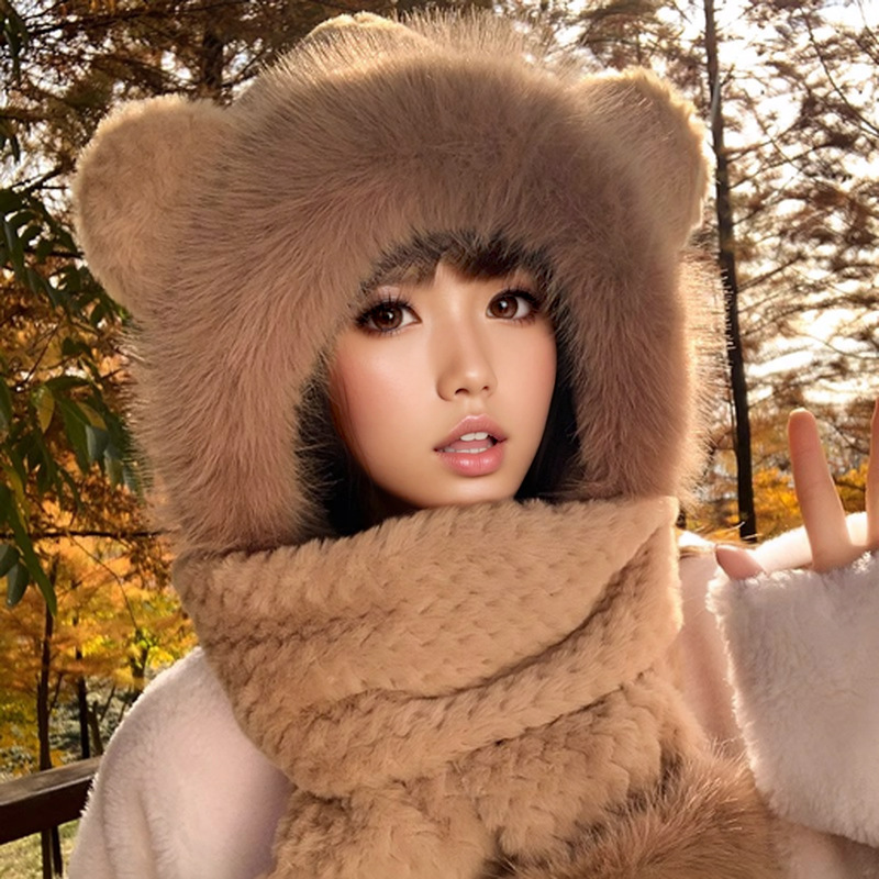 Picture of Cute Bear Hat Gloves Three-in-One Scarf Plush Hat Winter Riding Women's Easy Outdoor High-Level Warm Hat