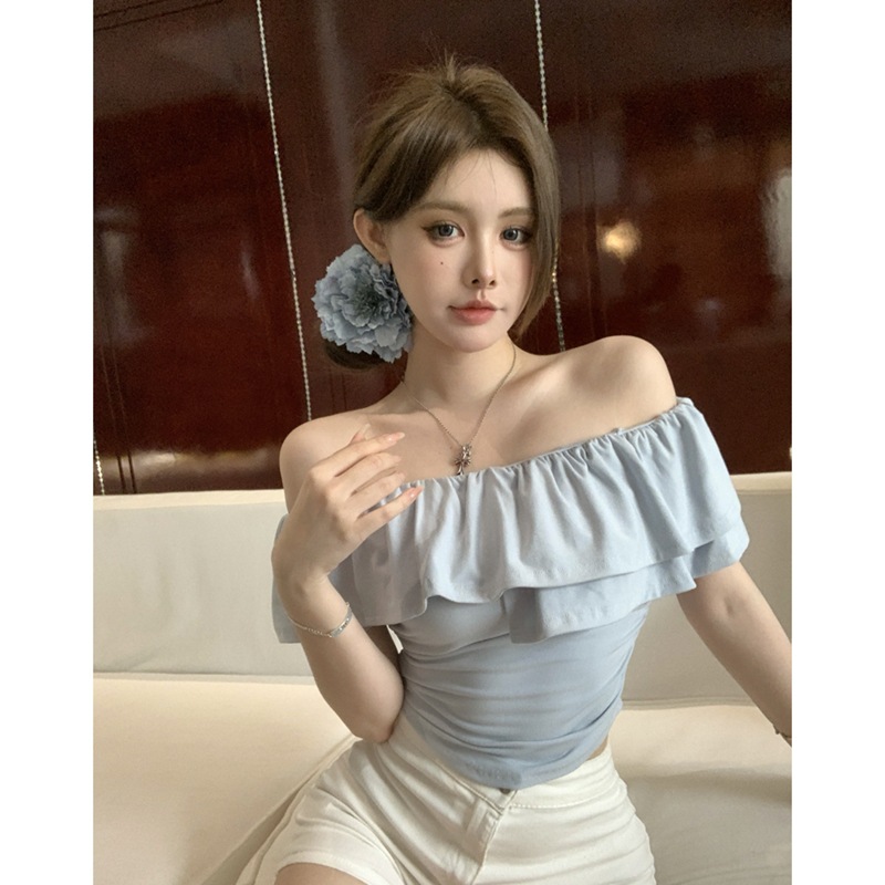One-shoulder Sexy Pure Desire ShorT-sleeved T-shirT for Women Summer Slim PleaTed Ruffled Blue ShorT Chic Top