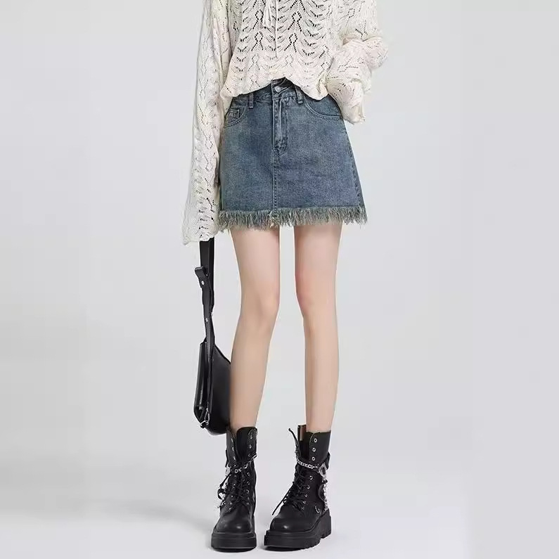 Fringe Tassel Denim Skirt Girl's Summer 2024 New High Waist Slimming Small Vintage A- line Skirt