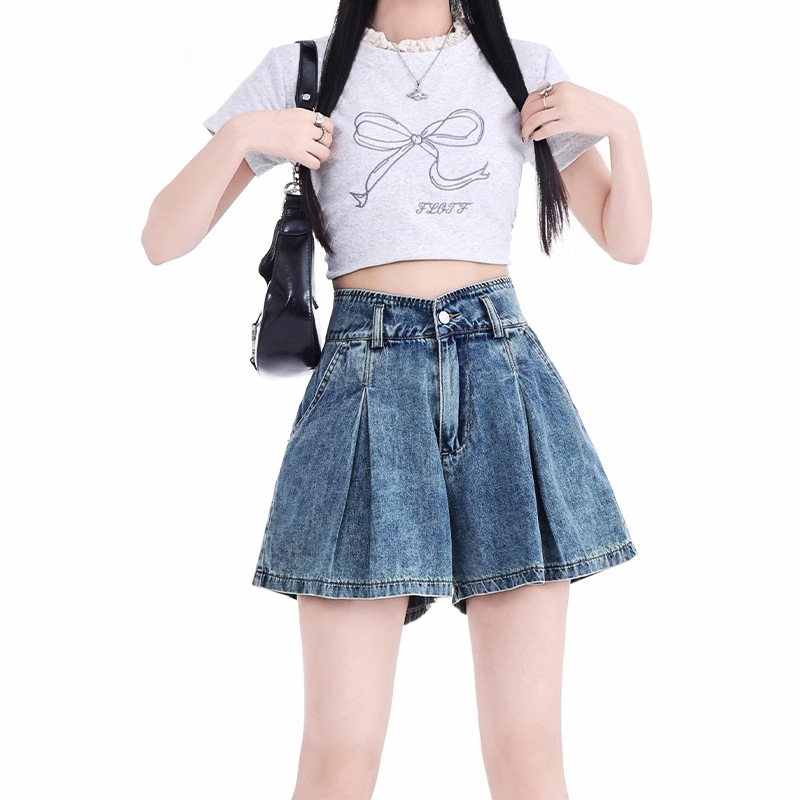 High Street Spicy Girl Pleated Denim Short Skirt for Women, New Summer Loose Fitting, Slimming A-Line Versatile Skirt Pants