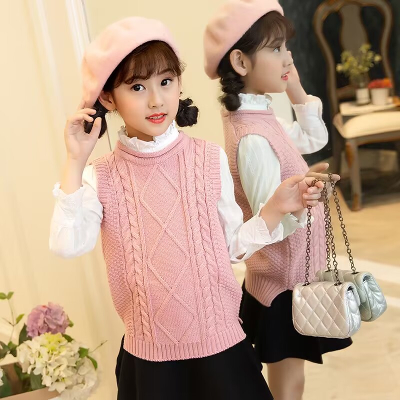 Picture of Girls' sweater vest spring and autumn middle and big children lady knitted warm vest autumn girls all-match sweet vest