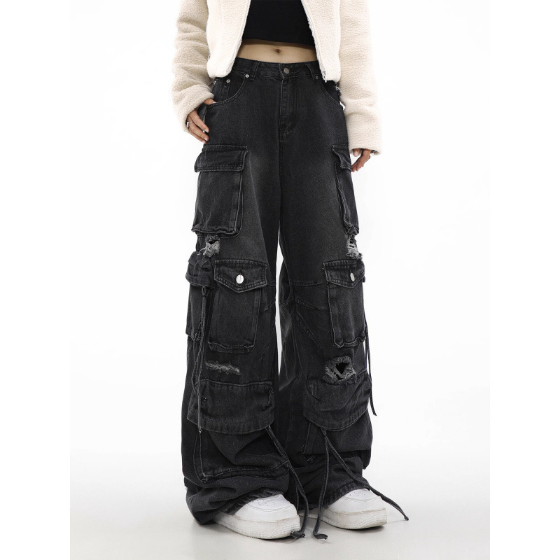 American High Street Pants Heavy-Duty Ripped Multi-Pocket Jeans for Men and Women Spring and Autumn Loose Straight Cargo Wide-Leg Pants Trendy