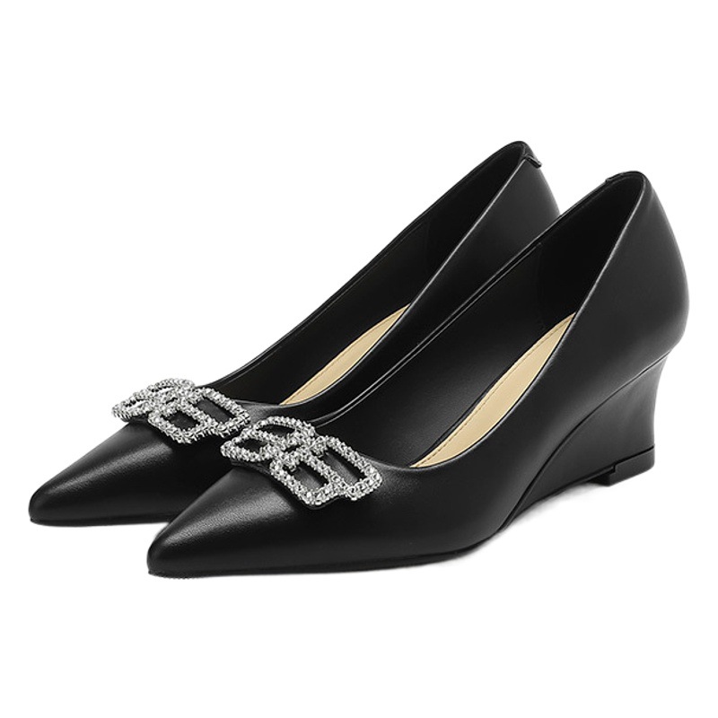 5162-6 Wedge High-heeled Shoes Pointed 2025 New Rhinestone Square Buckle Thick Sole Shoes Cross-border European and American High-heeled Shoes