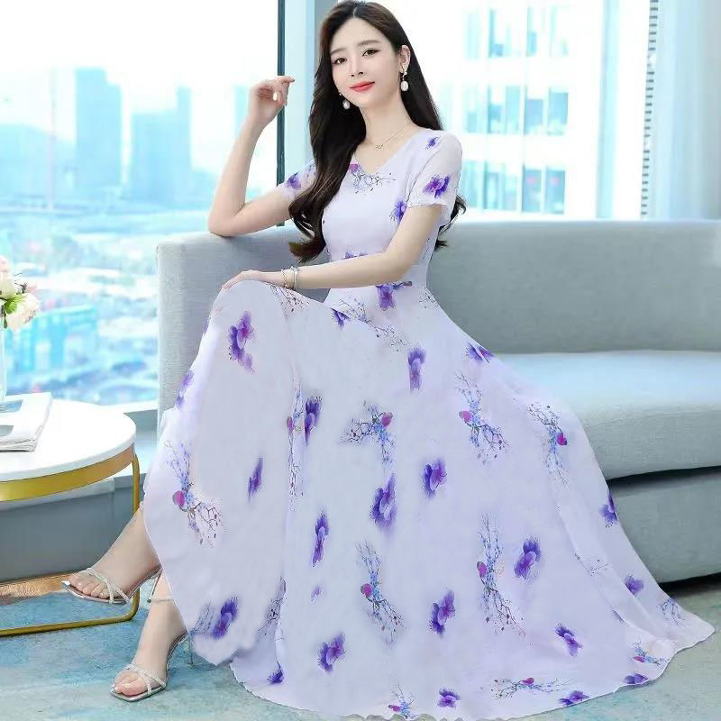 021 cross-border summer new printed Ice Silk dress V-neck elegant tight waist slim slimming large swing long skirt