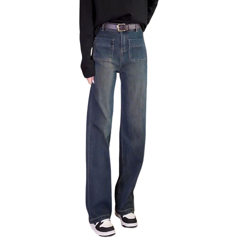Jeans Women's Design Sense Straight Pants Pocket High Waist Loose Cement Grey Floor-length Short Narrow Wide-leg Pants