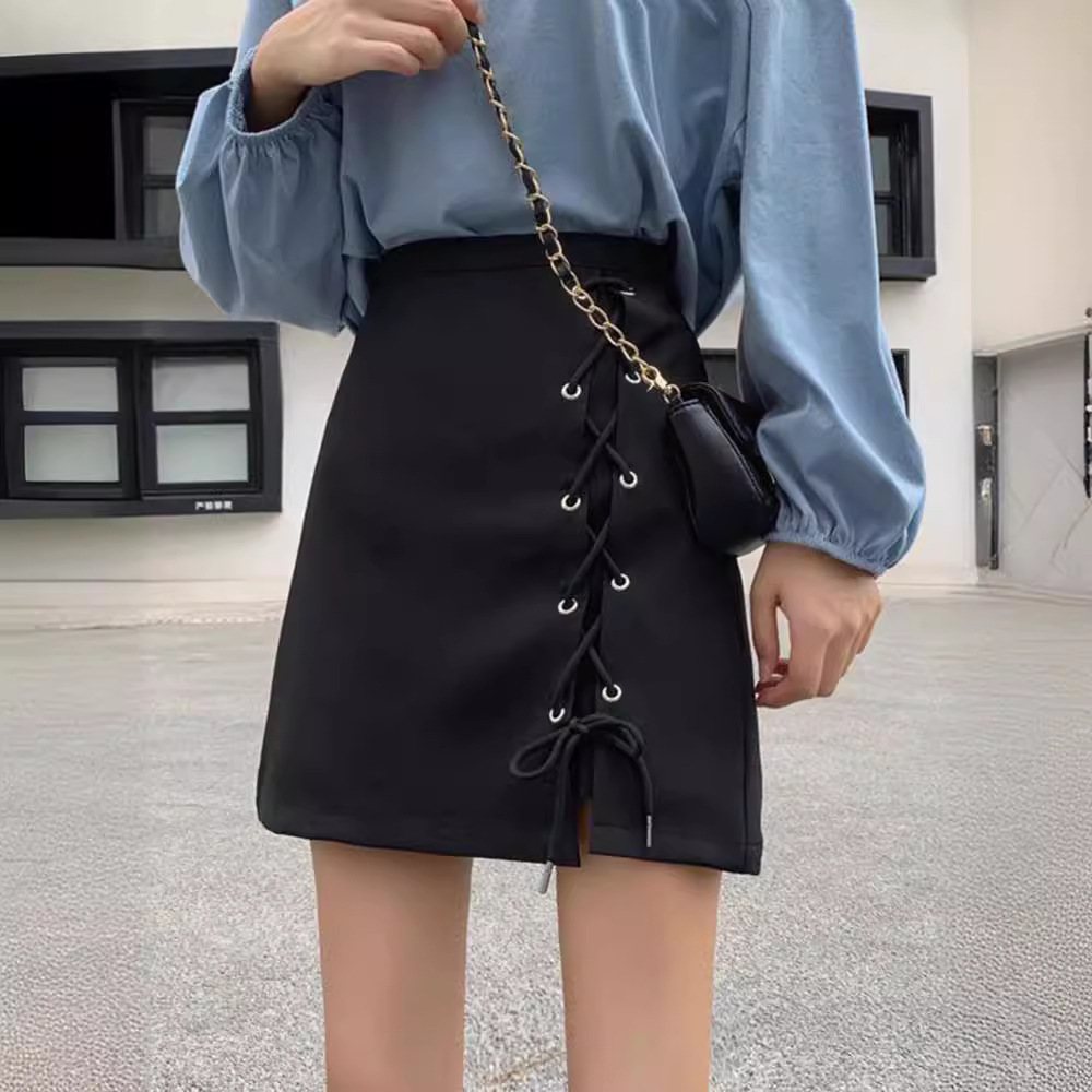 Women's skirt summer new design lace-up skirt high waist anti-exposure A- line skirt slimming half-length hip skirt for women