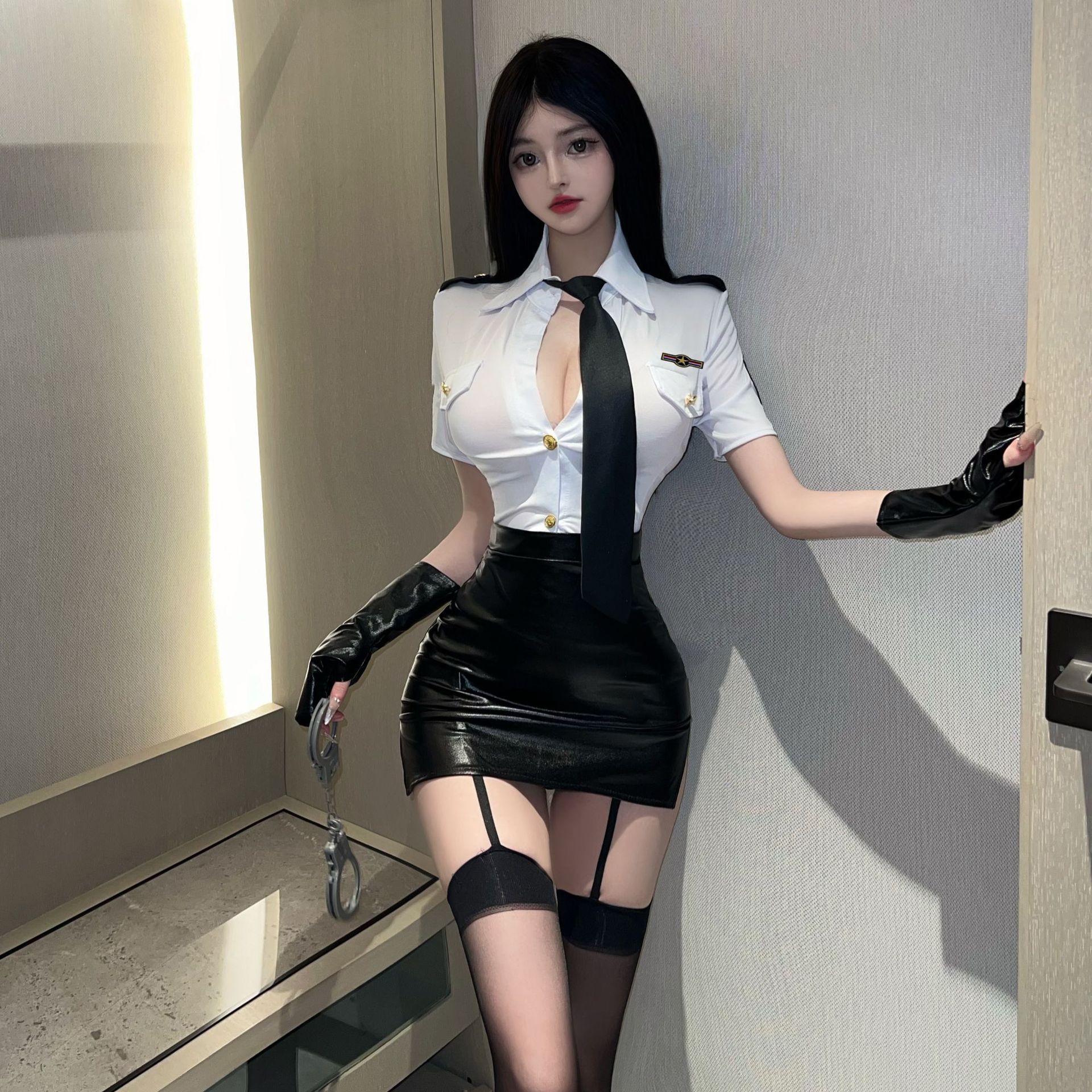 Hot Policewoman Sexy OL Royal Sister Style Uniform Role Playing Tight Hip Leather Skirt Tight Instructor Home Dress suit