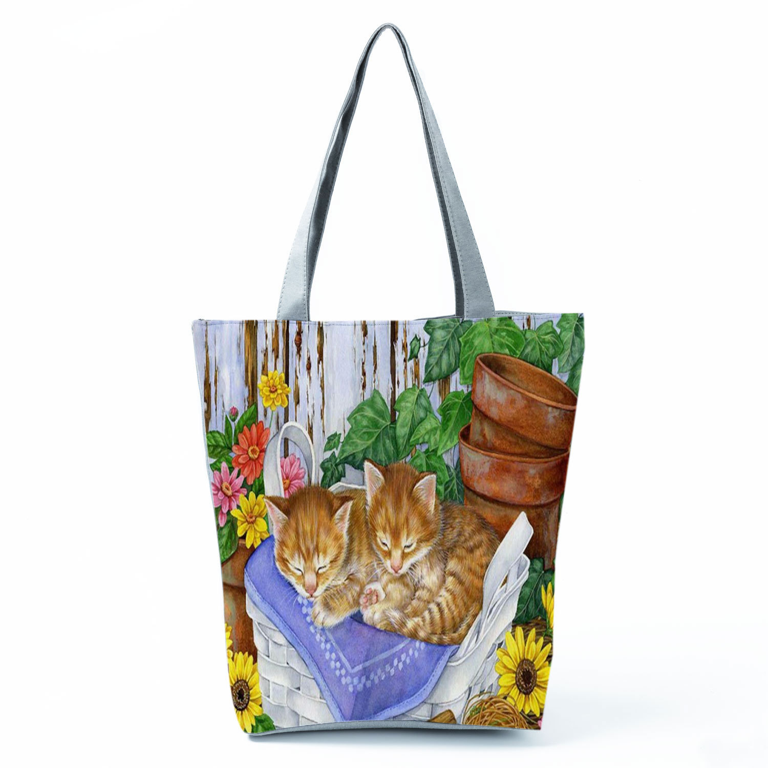Picture of New cute flower cat printed shoulder bag portable travel storage bag large capacity outdoor tote bag