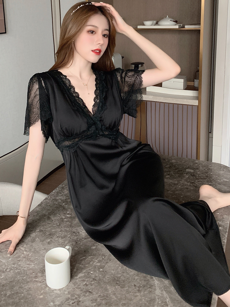 Nightdress Women's Summer Ice Silk Sexy Dress Mid-length Lace Pure Style Thin Princess Pajamas with Chest Pad