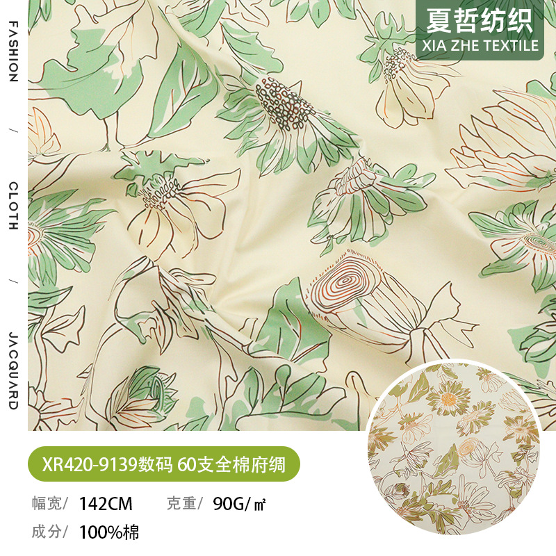 Xr420-9139 Plant Digital Printing 60S Cotton Poplin Can Be Used for Skirts, Shirts, Hair Accessories, Children's Clothing and Other Fabrics