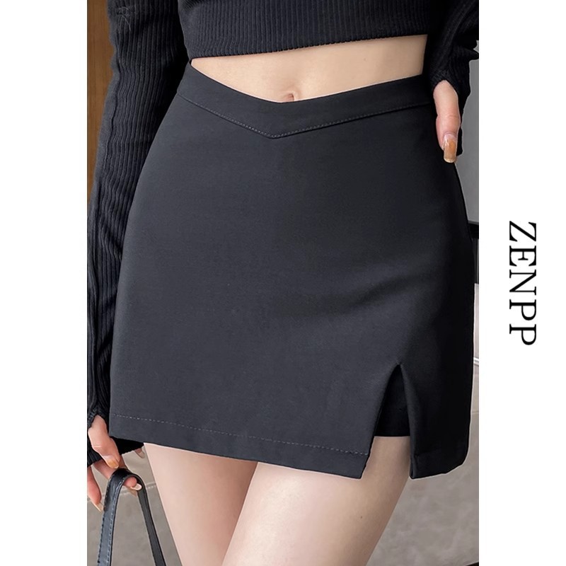 Black Suit Skirt Women's Spring and Autumn New Casual High Waist Split Hip Skirt Anti-slip A- line Short Culottes