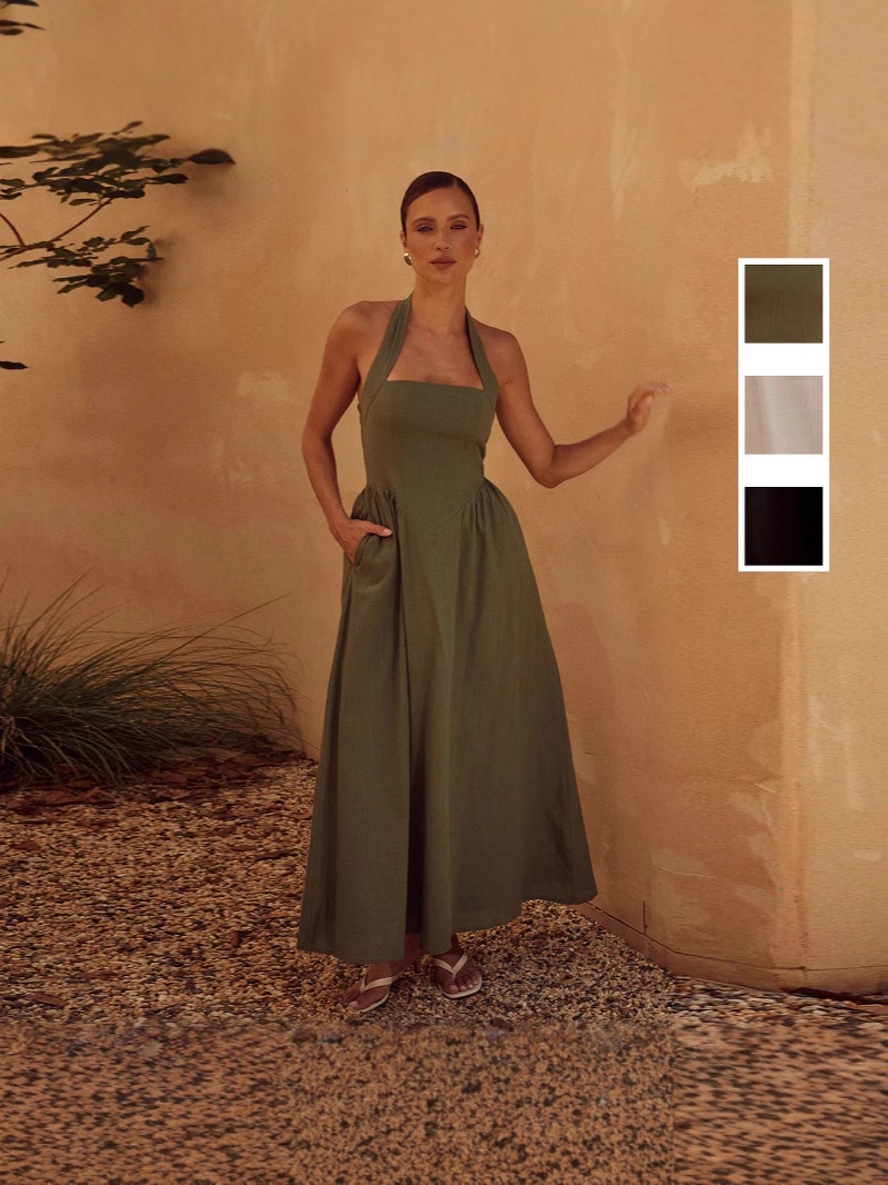 Cross-border Foreign Trade 2025 Summer Amazon New Fashion Elegant Wide Strap Solid Color Neck Backless dress Women