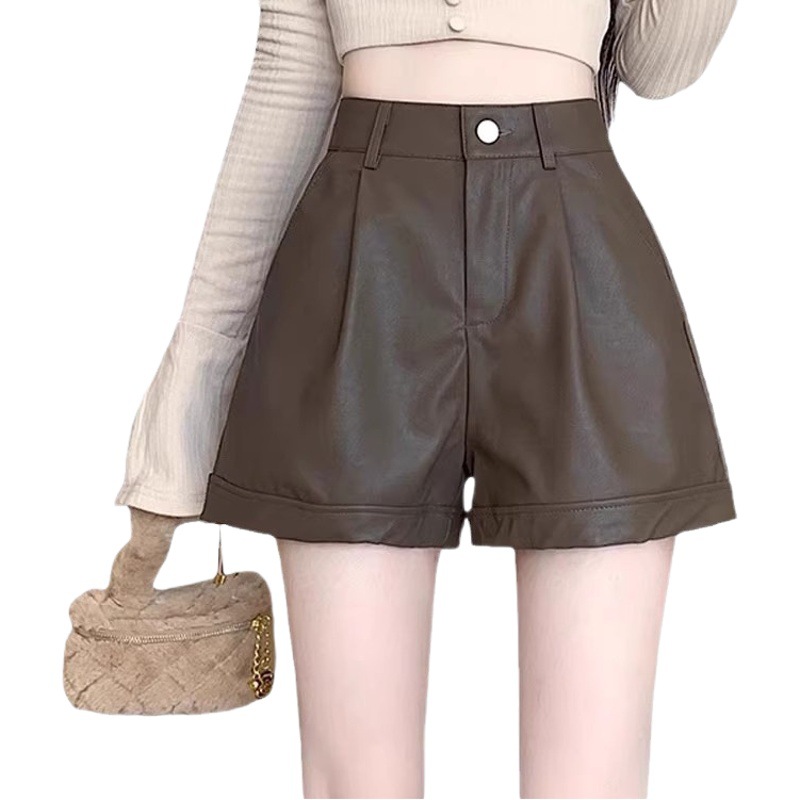 PU leather shorts women's autumn and winter 2024 New Korean style elegant high waist slimming outer wear loose fashion casual pants