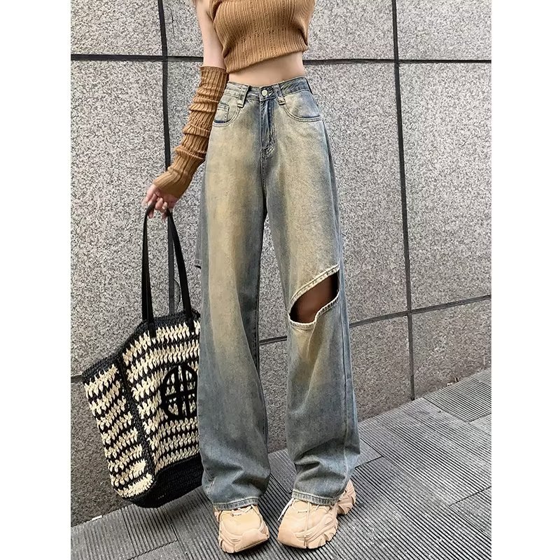 American Ripped Jeans for Women in Autum 2024 New Retro Color Matching Design High Waist Slimming Look Wide Leg Long Pants