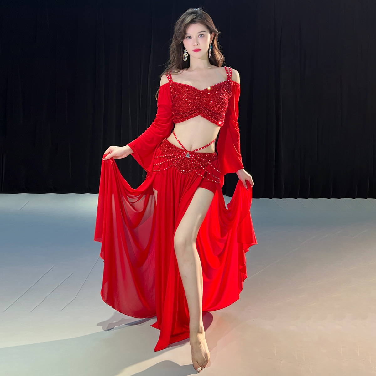 Picture of Dancers Original Niche Design Belly Dance Costume Sequins Spring Mesh Training Class Clothes suit 5090