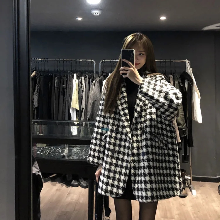 Houndstooth Plaid Woolen Coat Women's Autumn and Winter 2024 New Korean-style Loose Casual Thickened Mid-length Coat for Women