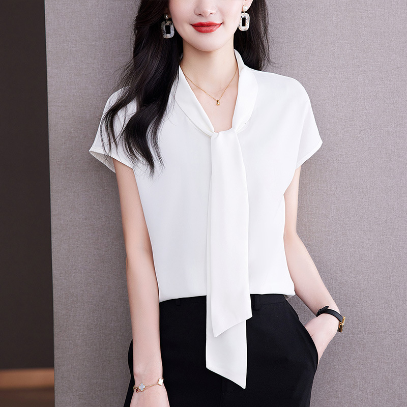 Real Shirt Women's Short-sleeved Commuter Style Elegant Top Bow Ribbon Shirt Shirt