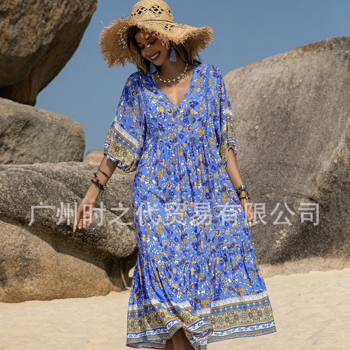 1 cross-border mixed batch of European and American art vintage printing summer women's holiday dress dress
