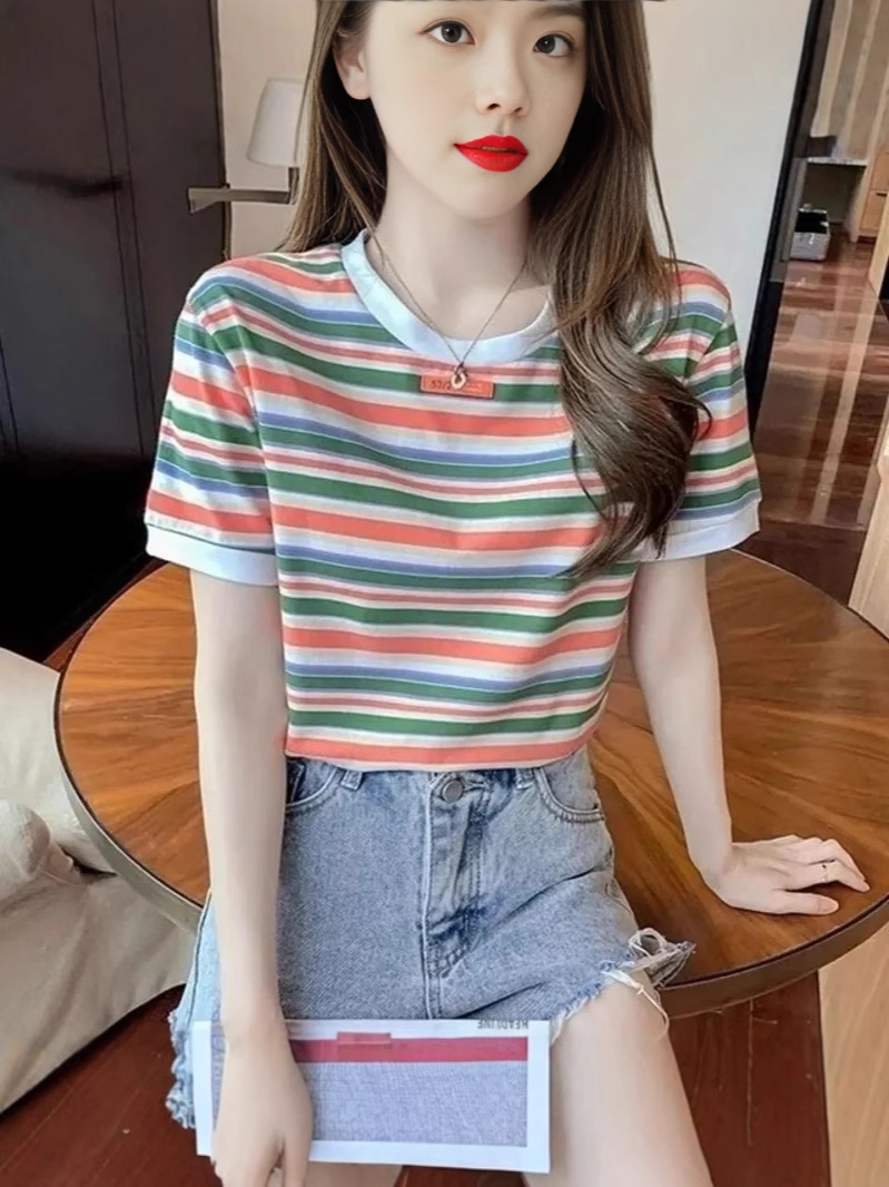 Super sweet and elegant style!!! Hong Kong style ancient feeling! Rainbow Color Striped T-shirt Loose Short-sleeved Top Women's Trendy