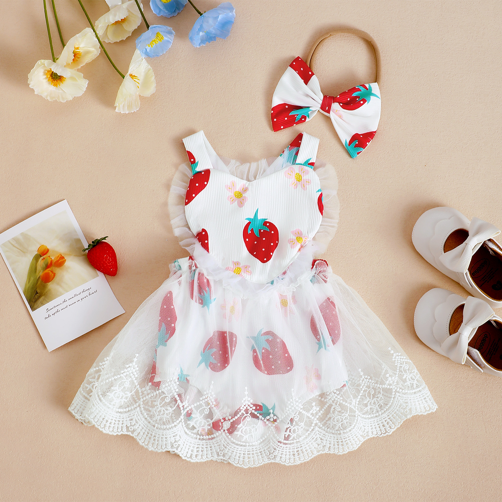 Picture of Cross-border Baby Children's New Girl's Strawberry Pattern Summer Strap Mesh Hare Dress Headwear Two-piece Set