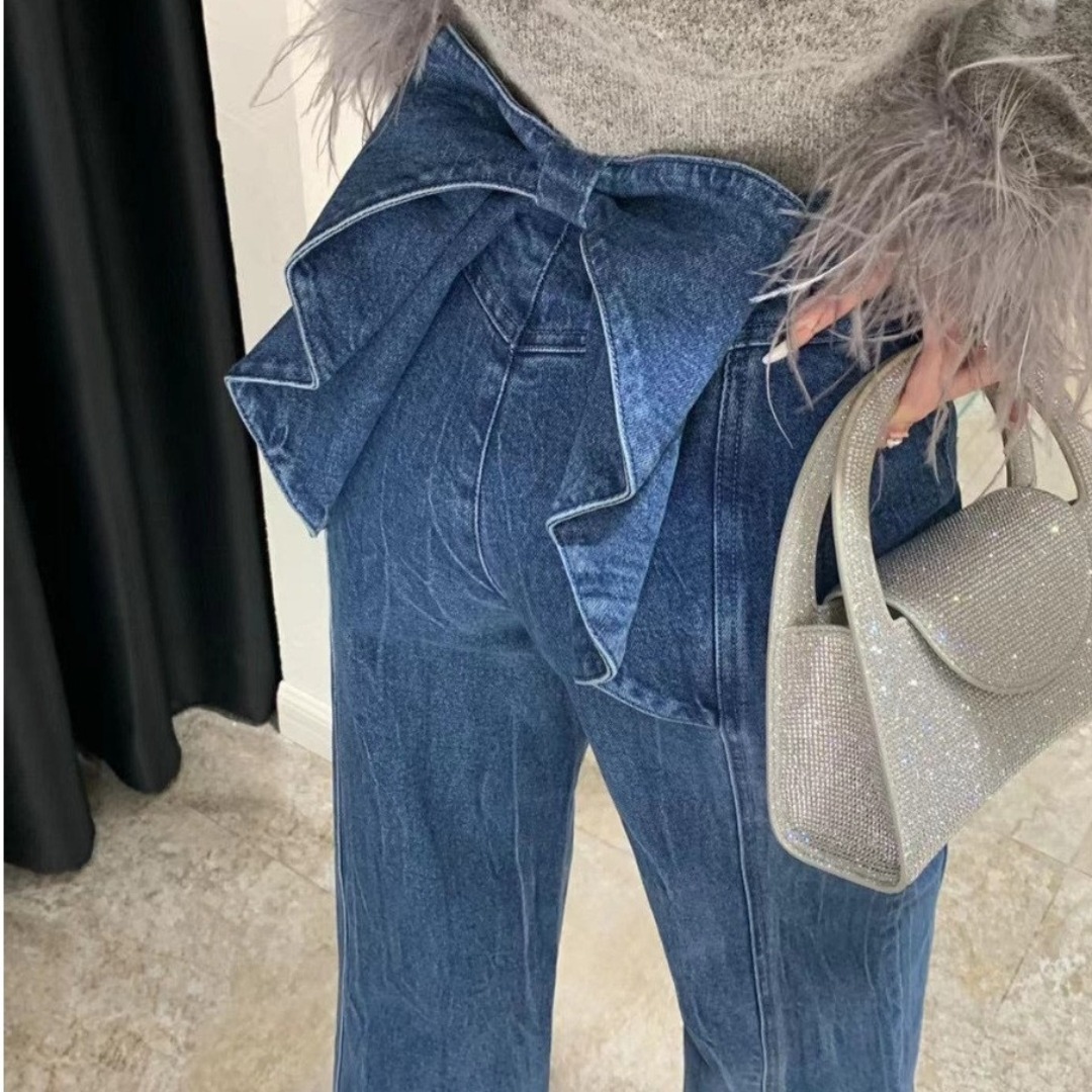 Spring New Fashion Washed Color Distinctive Back Waist Bow Trendy Wide Leg Denim Trousers