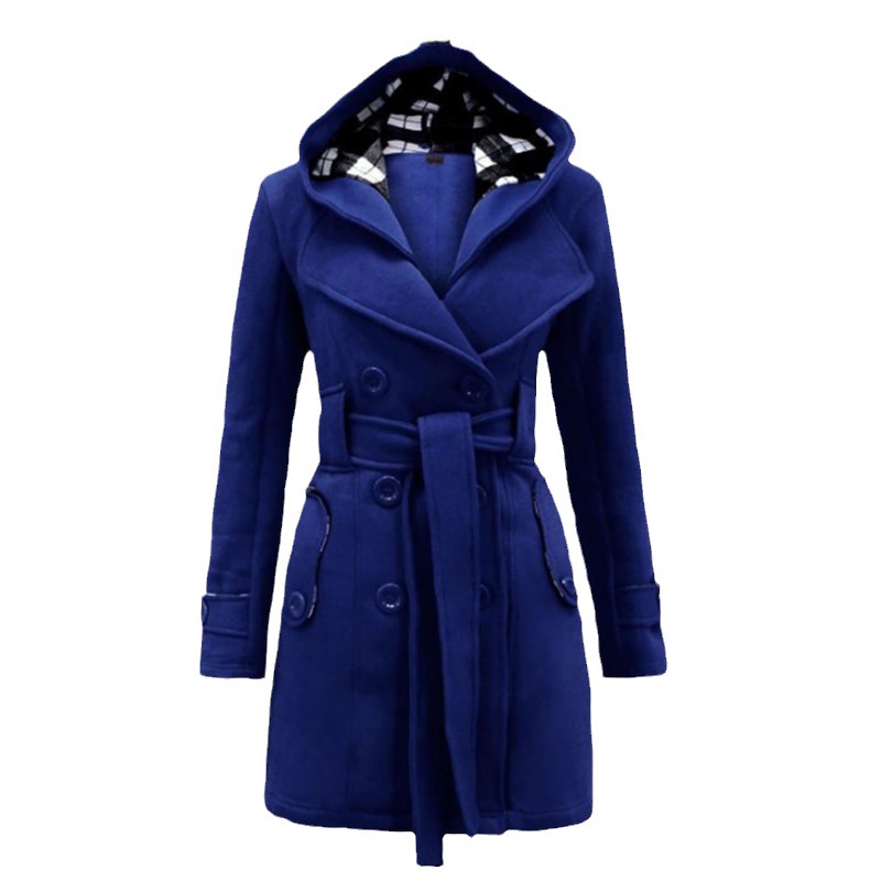 Picture of 2023 AliExpress EBAY Amazon New Plaid Hooded Tweed Coat Belt Double-breasted Mid-length Coat