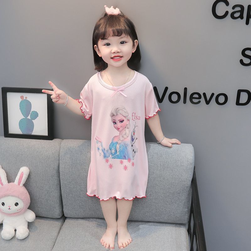 Women's Junior Nightgown Children's Pajamas Summer Thin Cool Girl Princess Elsa Skirt Ice Silk Home Clothes