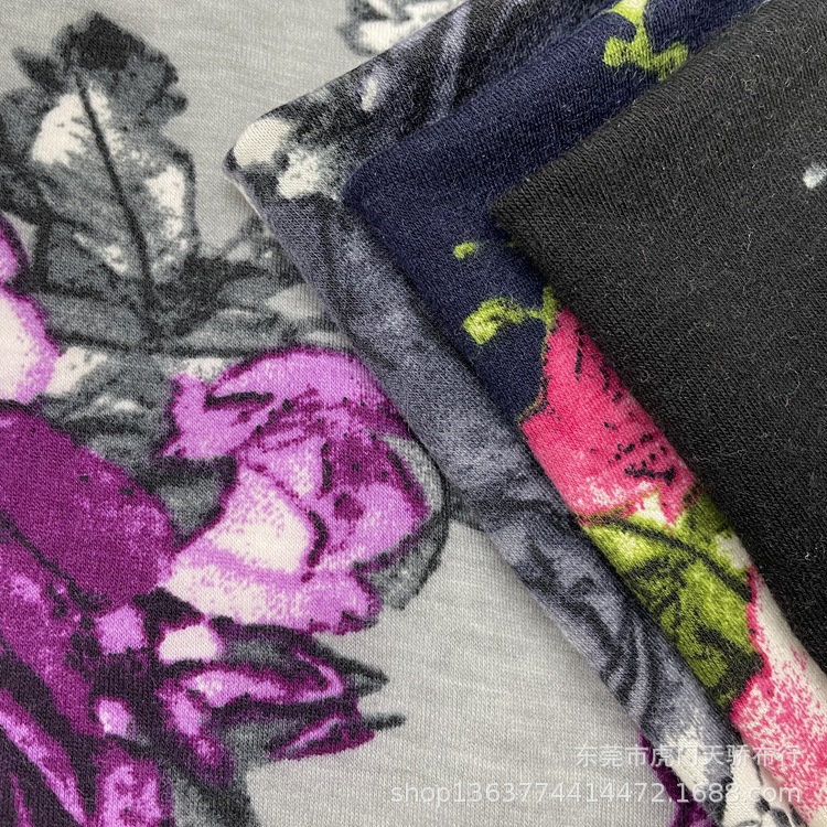 Spot supply of knitted polyester single-sided jersey printed 32 imitation cotton rack printed large flower headdress dress fabric