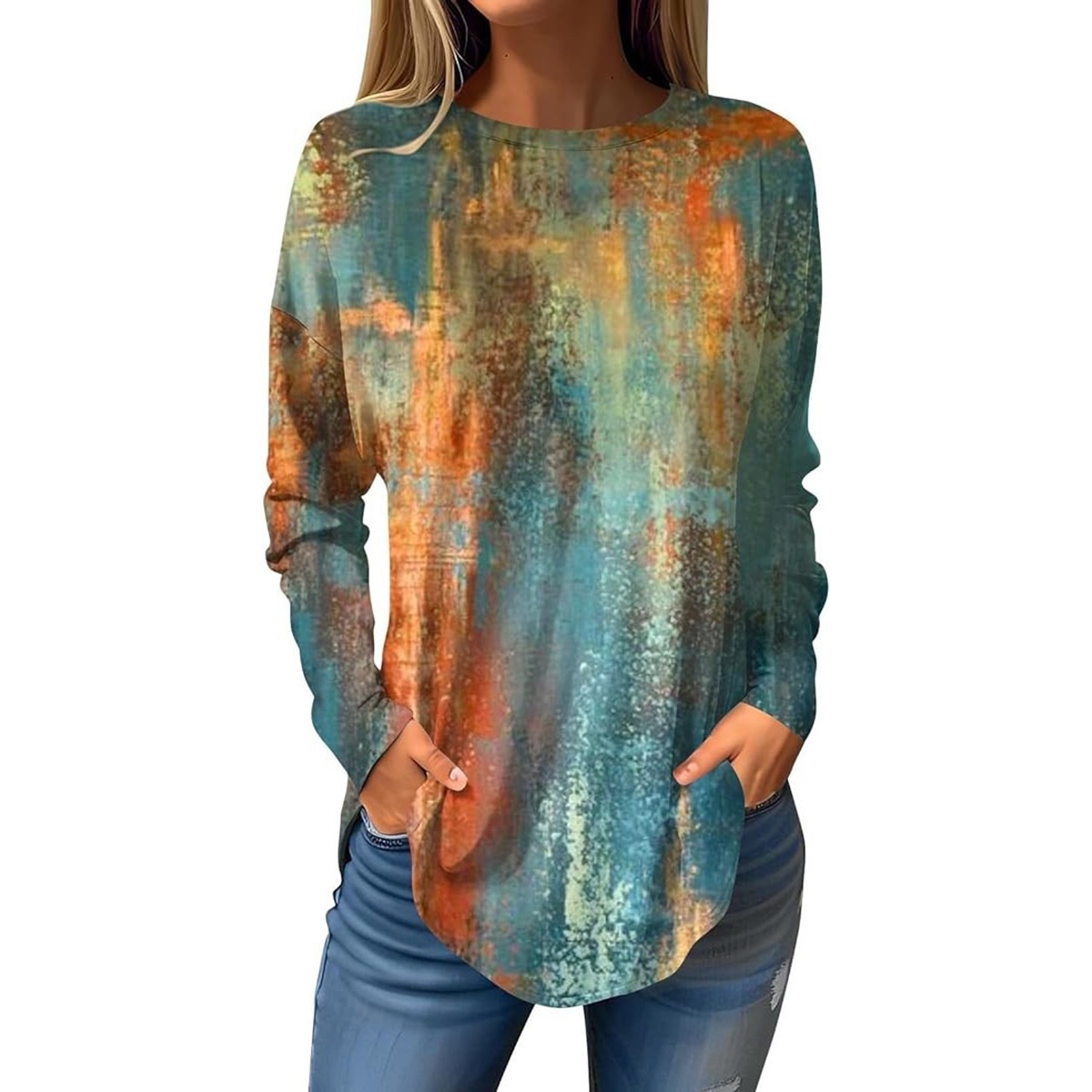 Round Neck Printed T-Shirt D Printing Process Loose Curved Top Hem New Long Sleeve Summer