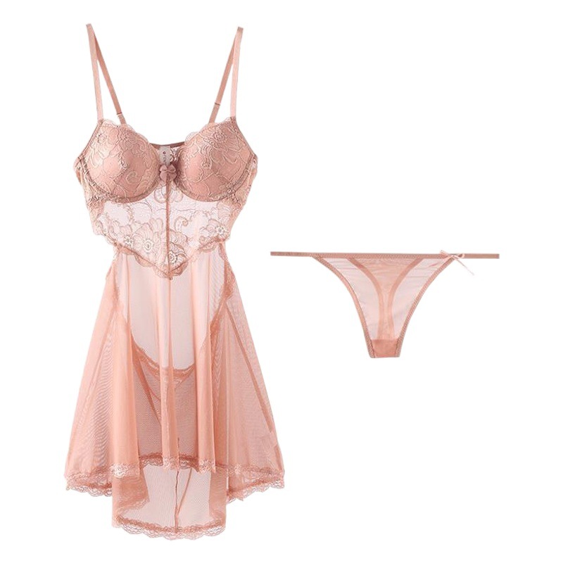 2287 Yueli New Transparent Lace Mesh Temptation Nightdress Steel Bracket Push-up with Chest Pad Home Sexy Nightdress