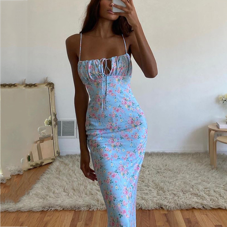 [Advanced Beauty] Four Seasons Women's Printed Slip Dress Sexy Backless Figure Elegant Pastoral Slim Dress