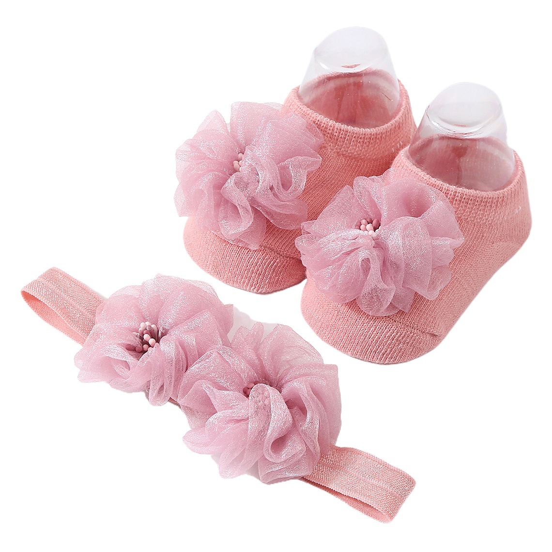 Baby organza handmade dispensing knitted socks solid color baby breathable hair band toddler socks cross-border full hosting