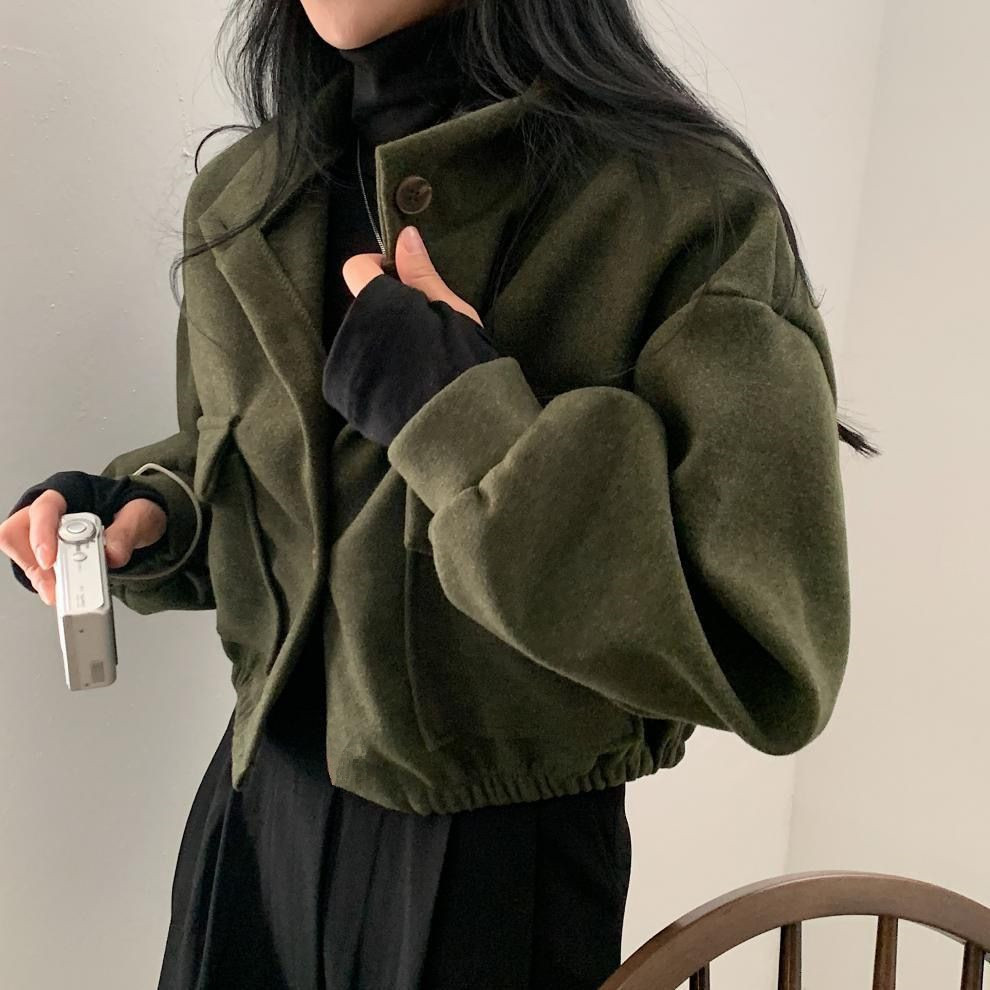 Picture of Internet celebrity cool handsome Korean style autumn and winter New stand collar niche short lazy style loose casual woolen woolen coat for women