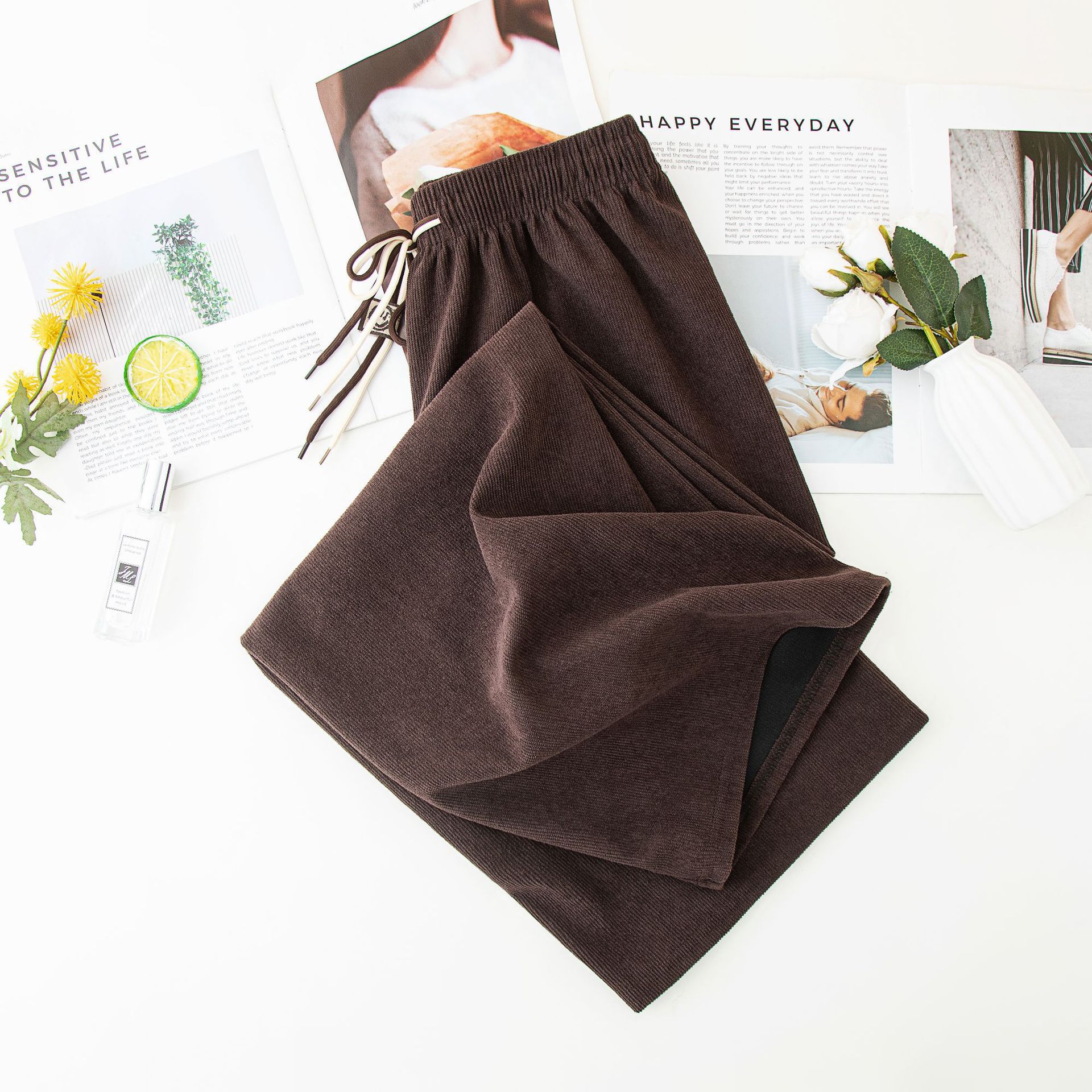 Picture of Grooved Cotton Velvet Smiley Face Double Drawstring Wide-Leg Pants for Women, Spring and Autumn High-Waist Drapey Loose Straight Ultra-Thin Stripe Casual Pants