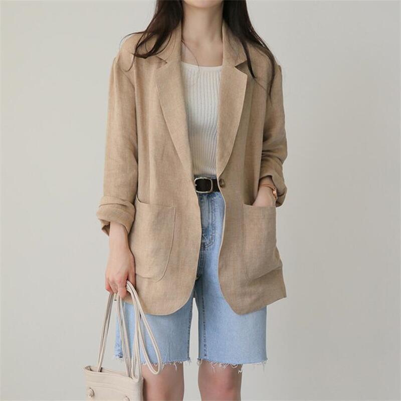 2024 Spring and Summer New Korean Style Fashion Loose Linen Solid Color Casual Women's Long Sleeve Casual Suit Jacket Women