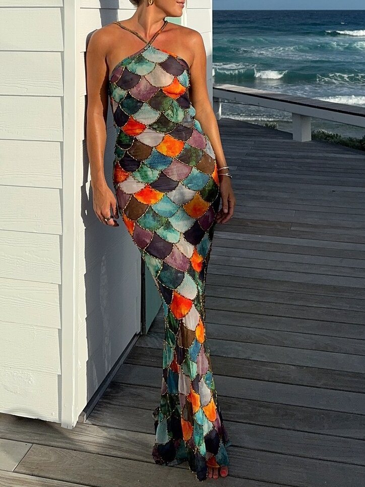 2025 European and American Cross-Border Summer New Women's Printed Sleeveless Halterneck Color-Blocked Long Skirt Fashionable Elegant Sexy Style