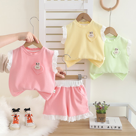 Girls' Summer Dress Foreign Style suit 2025 New Children's Summer Lace Short-sleeved Korean Cartoon T-shirt Two-piece Trendy 3
